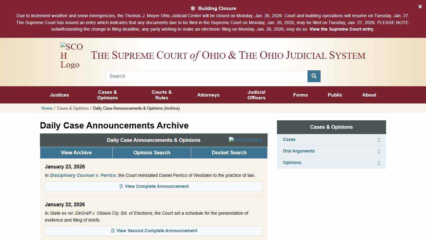 Daily Case Announcements & Opinions (Archive) » Supreme Court of Ohio